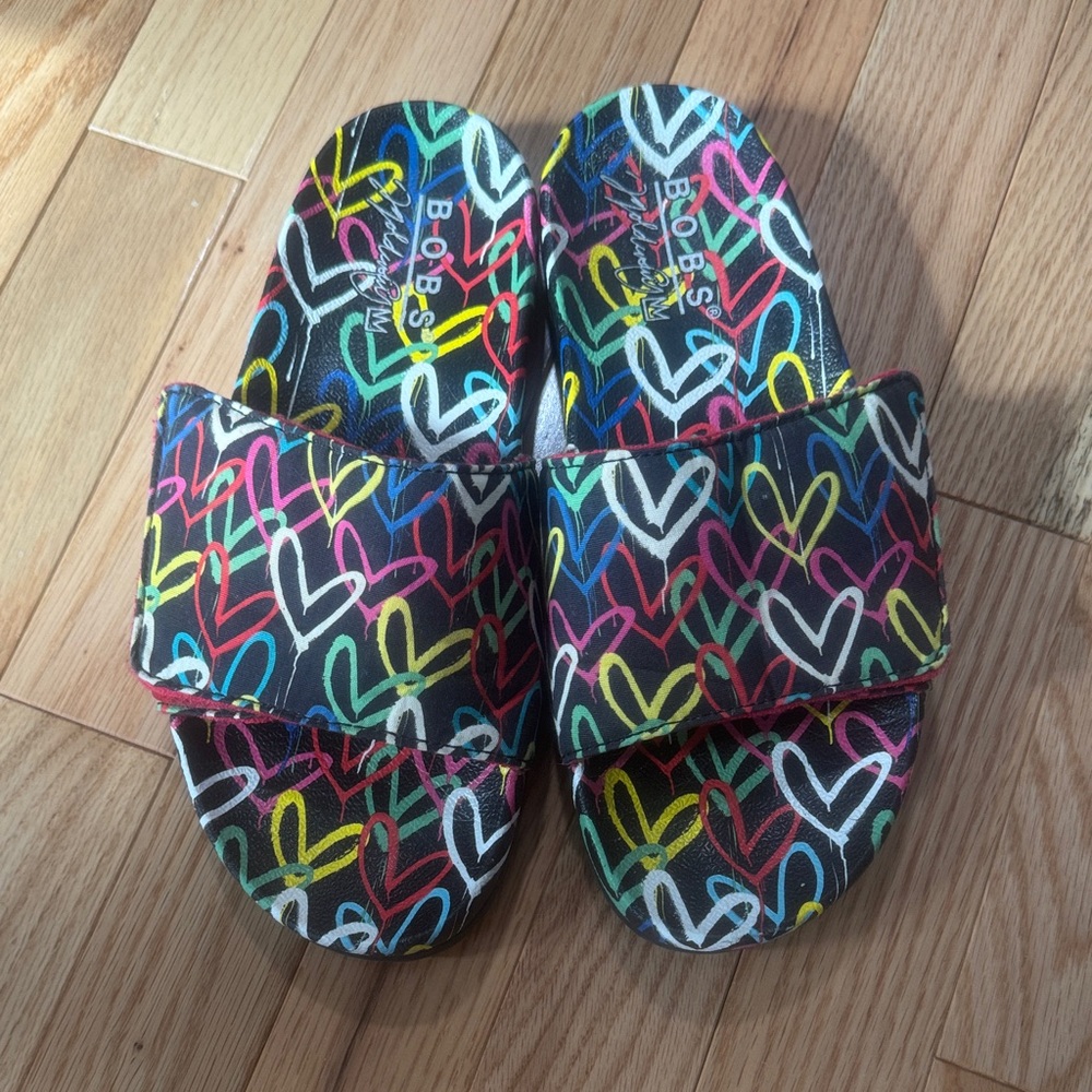 James Goldcrown by Bob’s Skechers Black Multicolor Heart Slide Sandals